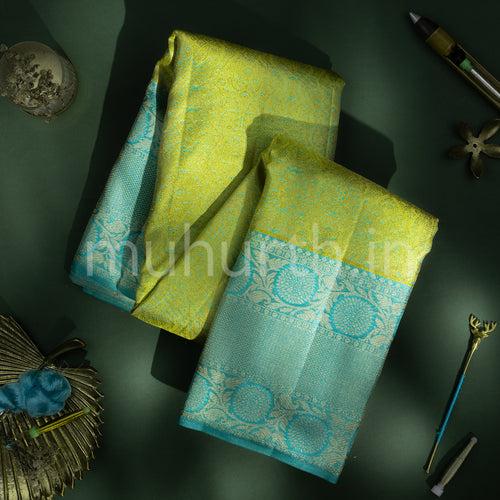 Kanjivaram Sampanga Yellow Silk Saree with Sea Green