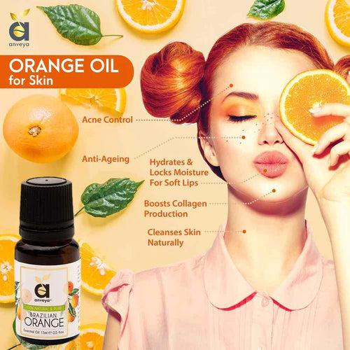 Anveya Orange Essential Oil, 100% Pure, 15ml, For Skin, Acne, Lips and Diffuser