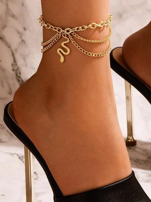 Layered Anklet with Snake Charm