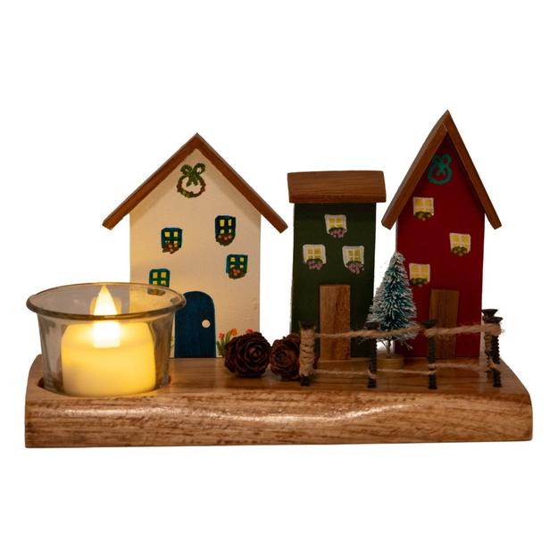 Vintage Wooden Row of Houses T Light Decor