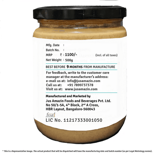 Jus Amazin Creamy Almond Butter - Unsweetened (500g) | 25% Protein | Clean Nutrition |Single ingredient - 100% Almonds | Zero Additives | plant based & Dairy Free