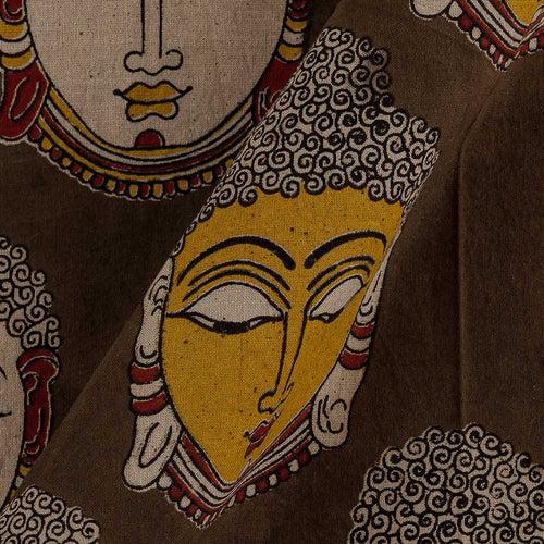 Cotton Olive Colour Buddha Face Motif Print Kalamkari 46 Inches Width Fabric Cut Of 0.55 Meter