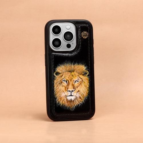 Hand Painted Lion Face Customized Black Mobile Cover