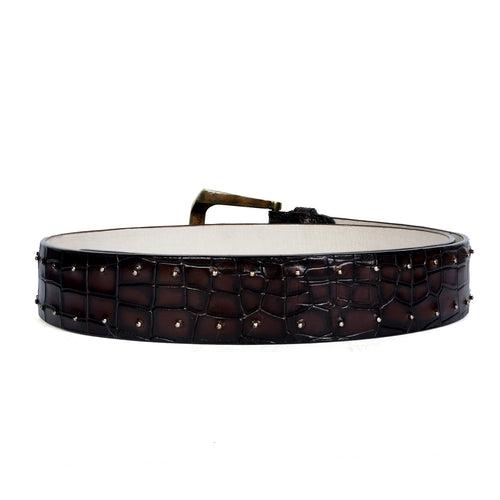 Croco Textured Dark Brown Belt with Pint-Sized Stud Detailing