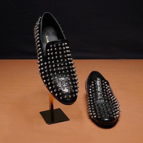 Studs Detailing Slip-On Shoe in Black Croco Textured