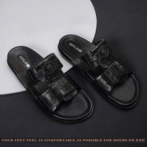 Broader Toe Strap Slippers in Black Leather