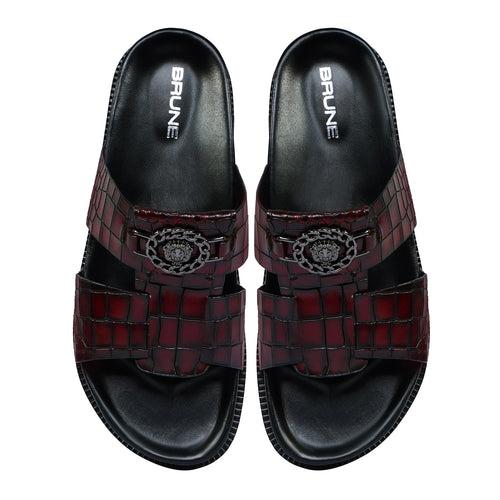 Pass Through Broader Toe Strap Leather Slippers in Wine Leather