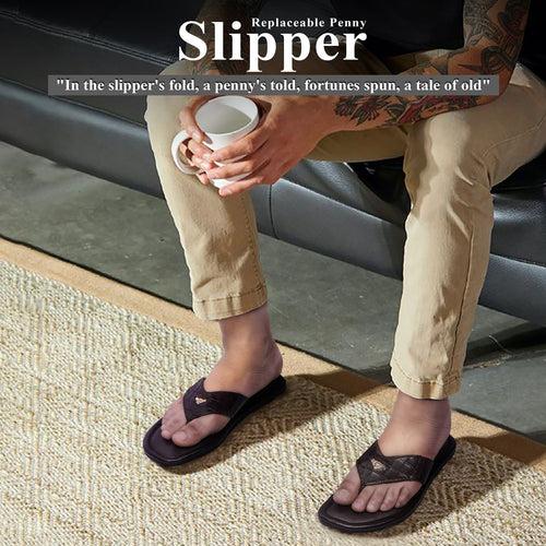 V-Strap Replaceable Lion Penny Slipper in Dark Brown Leather