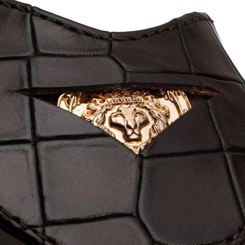 V-Strap Replaceable Lion Penny Slipper in Dark Brown Leather