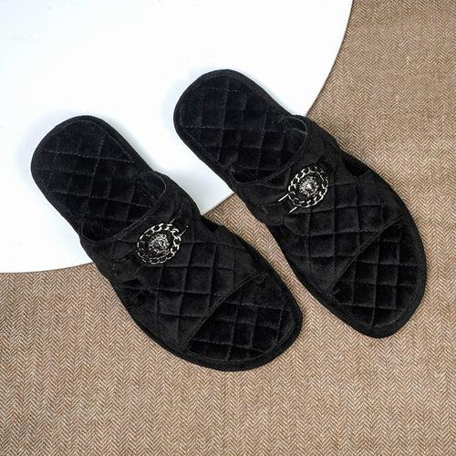 Italian Black Velvet Slipper with Diamond Stitched Broader Toe Strap