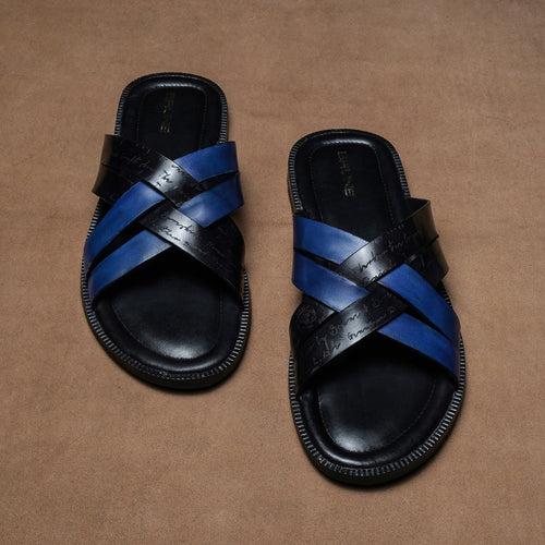 Cross Strap Welt Slide In Slippers with Laser Engraved Blue And Black Leather