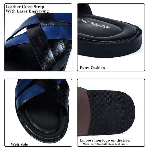 Cross Strap Welt Slide In Slippers with Laser Engraved Blue And Black Leather