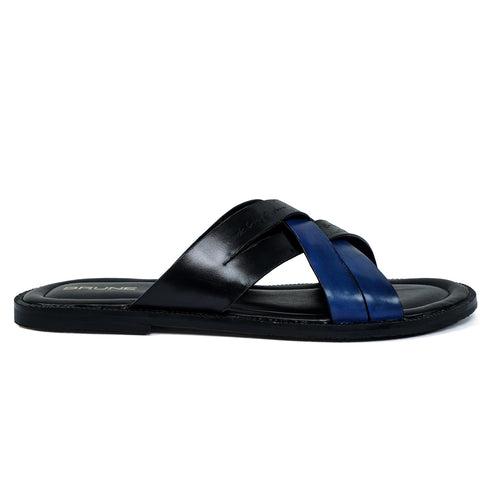 Cross Strap Welt Slide In Slippers with Laser Engraved Blue And Black Leather