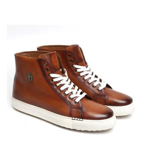 Burnished Tan High Ankle Lace-Up Genuine Leather Sneakers By Brune & Bareskin