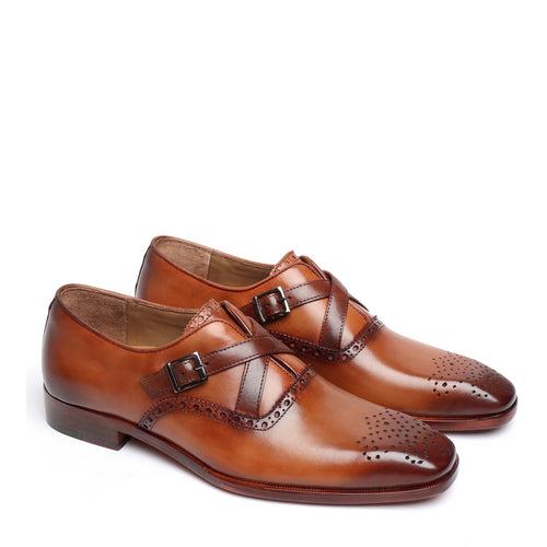 Tan Criss-Cross Leather Strap Brogue Design Shoes By Brune & Bareskin