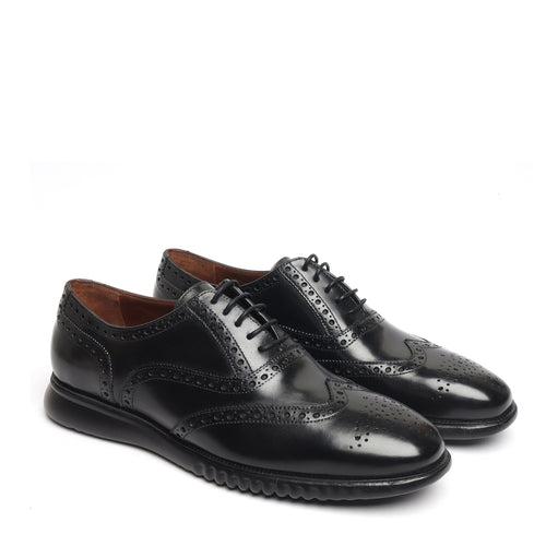 Light Weight Collection Black Leather Brogue Shoe with Flat Cushioned Sole