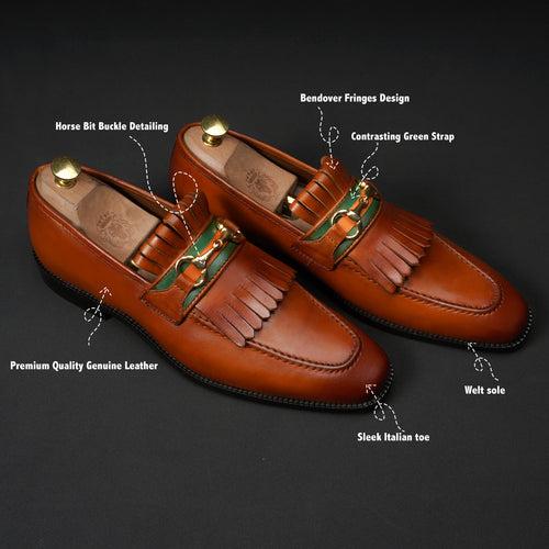 Tan Formal Slip-On Shoes with perfect Combination of Fringes & Horse-Bit Buckle Detailing