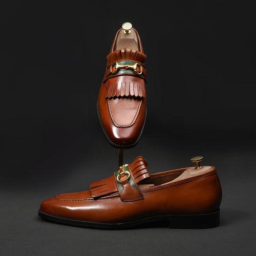 Tan Formal Slip-On Shoes with perfect Combination of Fringes & Horse-Bit Buckle Detailing