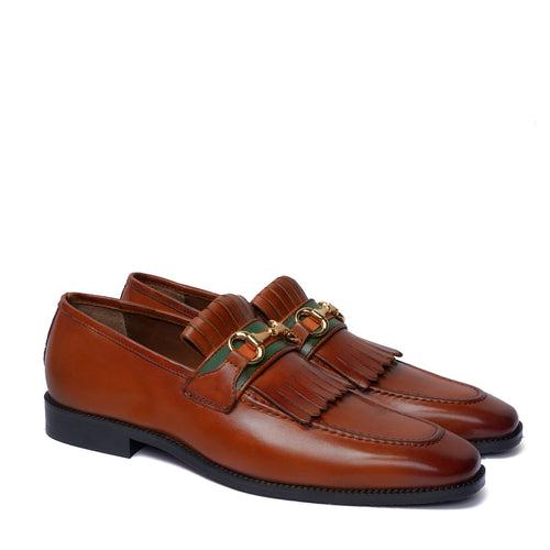 Tan Formal Slip-On Shoes with perfect Combination of Fringes & Horse-Bit Buckle Detailing