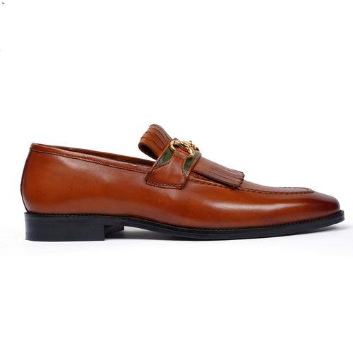 Tan Formal Slip-On Shoes with perfect Combination of Fringes & Horse-Bit Buckle Detailing