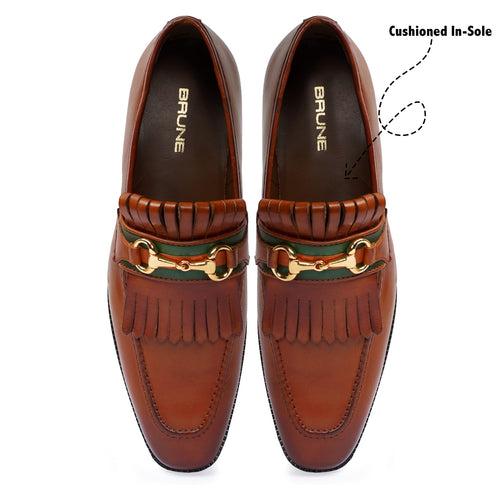 Tan Formal Slip-On Shoes with perfect Combination of Fringes & Horse-Bit Buckle Detailing