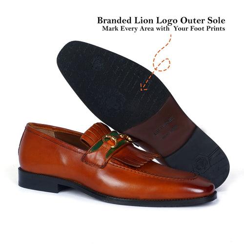 Tan Formal Slip-On Shoes with perfect Combination of Fringes & Horse-Bit Buckle Detailing