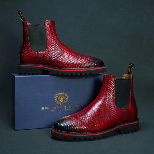 Chunky Sole Wine Chelsea Boot with Snake Skin Textured Leather