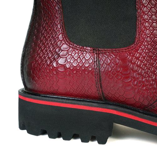 Chunky Sole Wine Chelsea Boot with Snake Skin Textured Leather