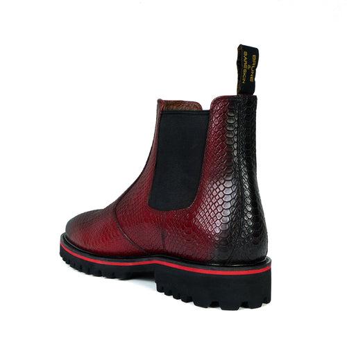 Chunky Sole Wine Chelsea Boot with Snake Skin Textured Leather