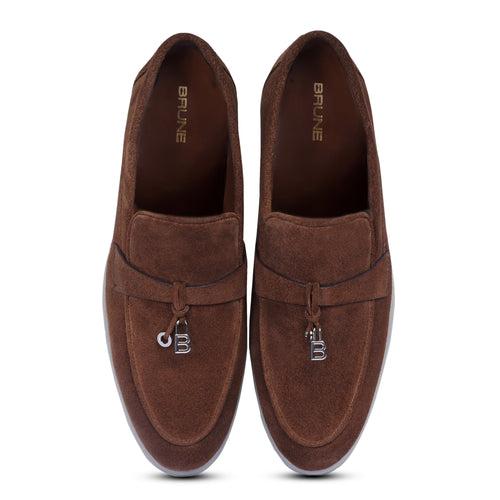 Rustic Suede Leather Loafer with Metal Initial