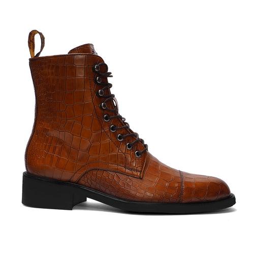 High Ankle Tan Derby Boot with Cap Toe in Croco Textured Leather