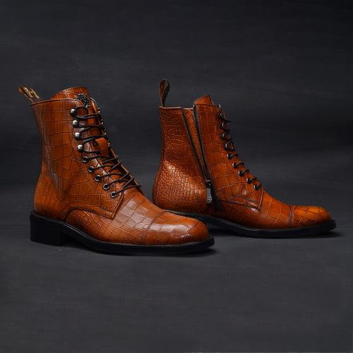 High Ankle Tan Derby Boot with Cap Toe in Croco Textured Leather