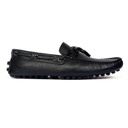 Tassel Bow Driver Loafer with Black Texture Leather