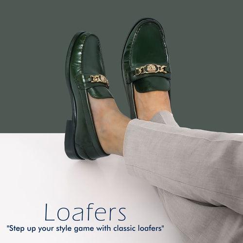 Dark Green Moccasin Loafer with Chain Embellishment Lion Logo