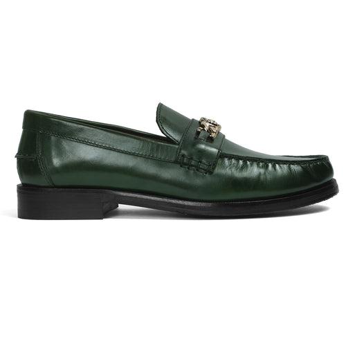 Dark Green Moccasin Loafer with Chain Embellishment Lion Logo