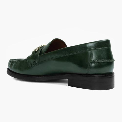 Dark Green Moccasin Loafer with Chain Embellishment Lion Logo