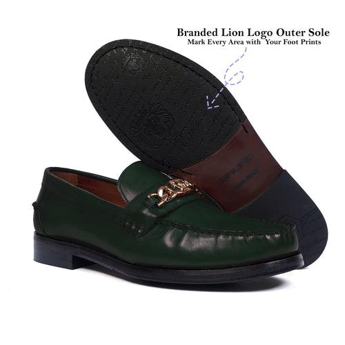 Dark Green Moccasin Loafer with Chain Embellishment Lion Logo