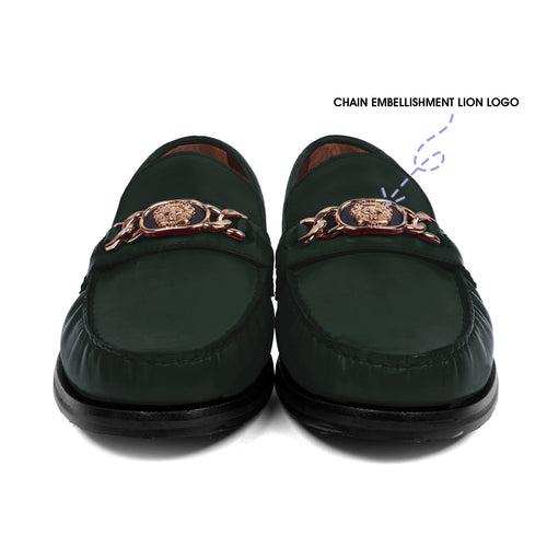 Dark Green Moccasin Loafer with Chain Embellishment Lion Logo