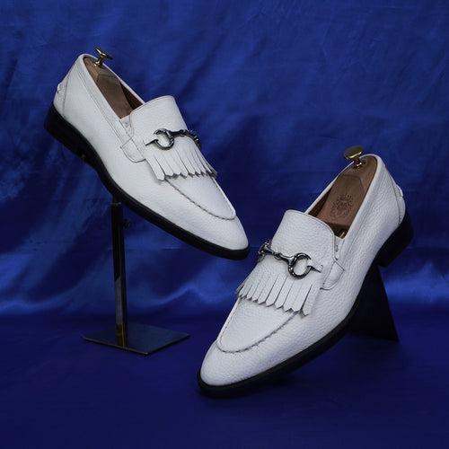 White Slip-On Shoes with Fringes & Horse-Bit Buckle Detailing