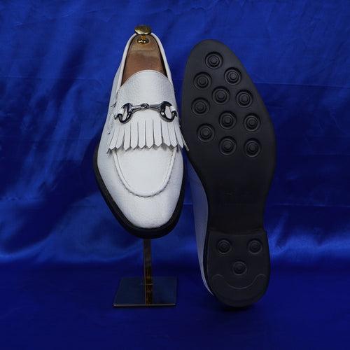 White Slip-On Shoes with Fringes & Horse-Bit Buckle Detailing