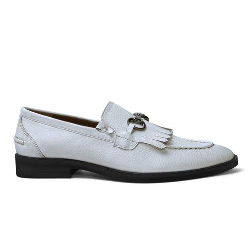 White Slip-On Shoes with Fringes & Horse-Bit Buckle Detailing