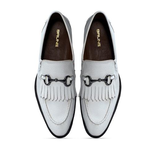 White Slip-On Shoes with Fringes & Horse-Bit Buckle Detailing