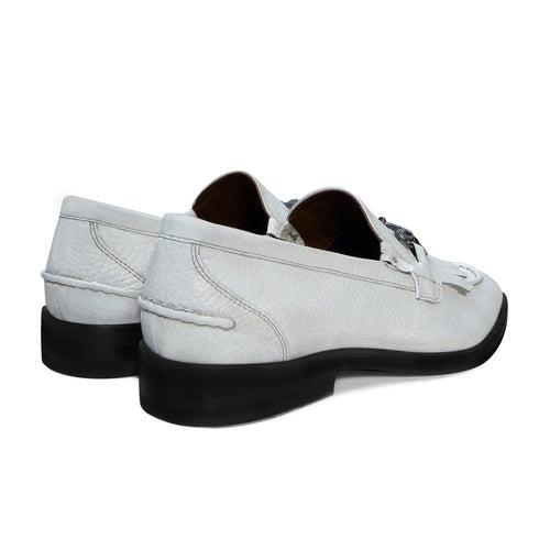 White Slip-On Shoes with Fringes & Horse-Bit Buckle Detailing
