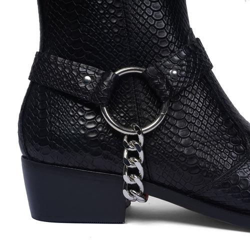 Cuban Boot Black Snake Skin Textured Leather