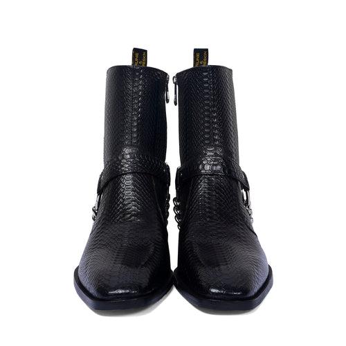 Cuban Boot Black Snake Skin Textured Leather