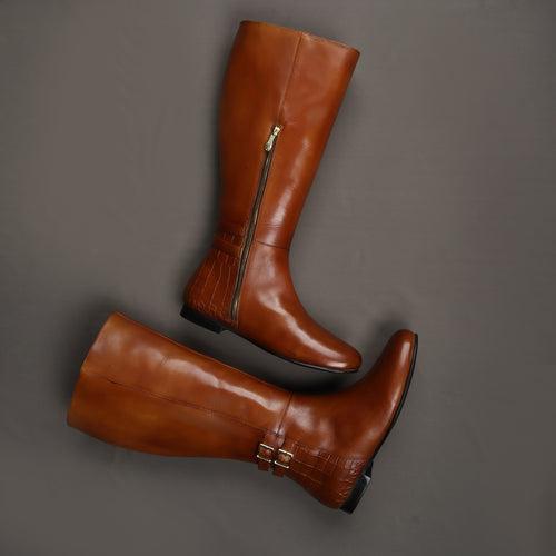 Adjustable Buckle Side Zipper Tan Croco Print Heel Cap Leather Ladies Boot