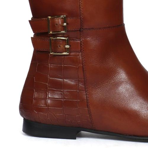 Adjustable Buckle Side Zipper Tan Croco Print Heel Cap Leather Ladies Boot