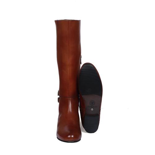 Adjustable Buckle Side Zipper Tan Croco Print Heel Cap Leather Ladies Boot