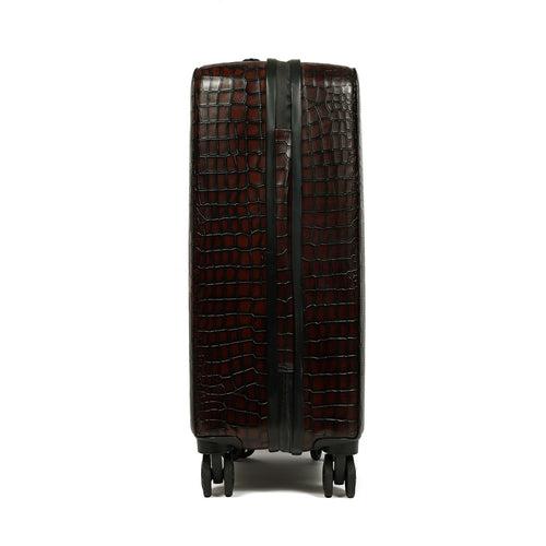 Light Weight Cabin Luggage Dark Brown Croco Textured Leather Trolley bag (360 Rotation)