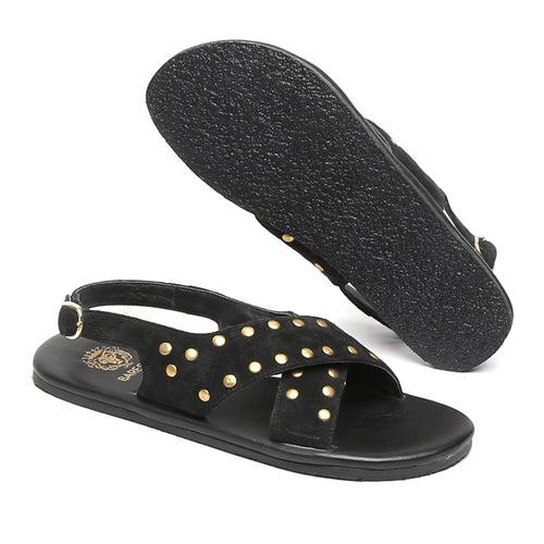 Golden Stud Straps Detailing Black Leather Men Sandal